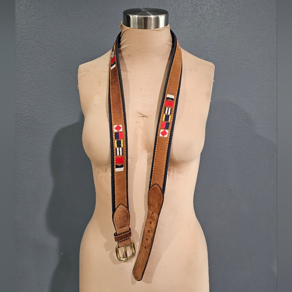 ZEPPELIN Men Brown Leather Navy Canvas Nautical Flags Brass Buckle Belt 42